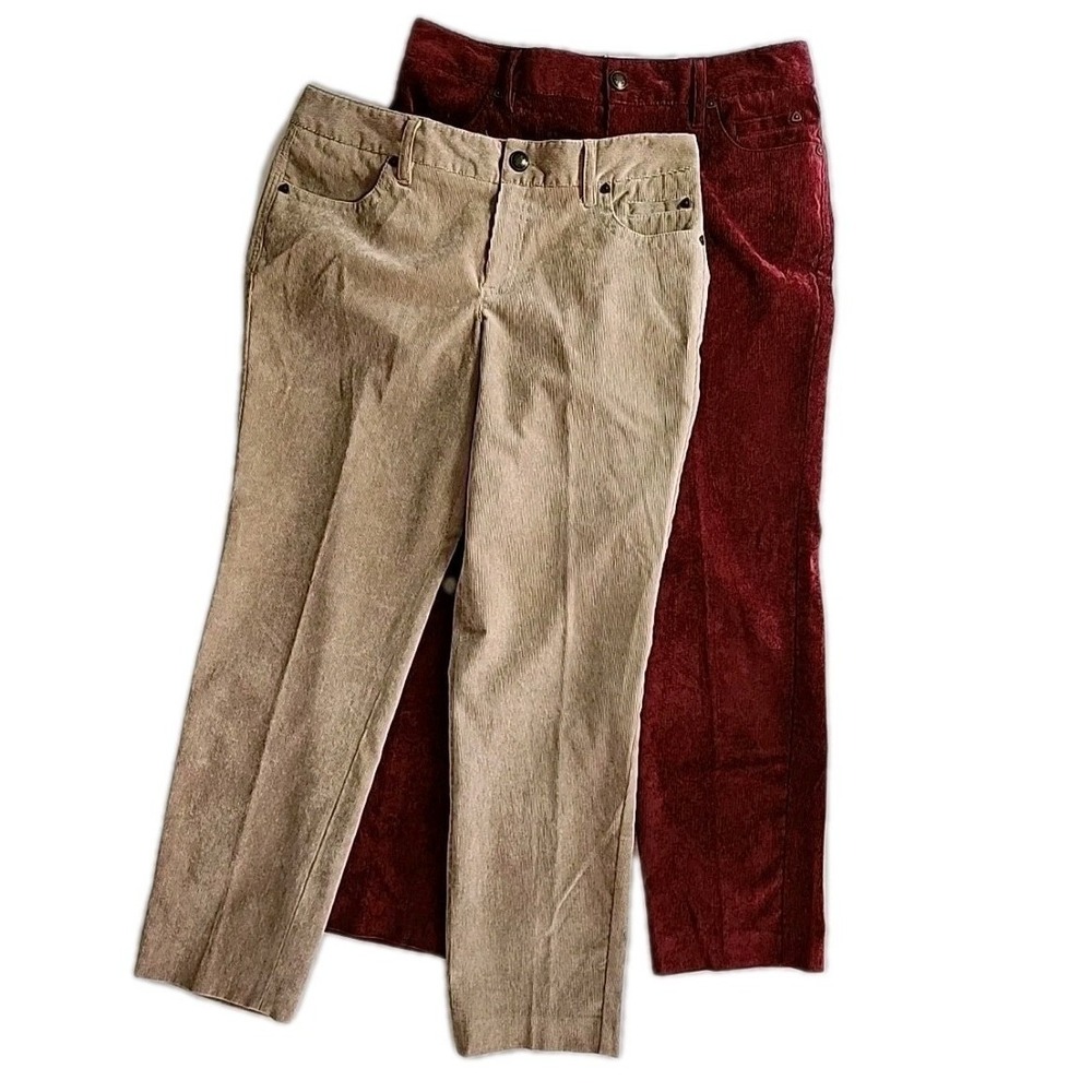 2 Pairs New Directions Women's Size 8 Petite Corduroy Stretch Tan & Burgundy EUC